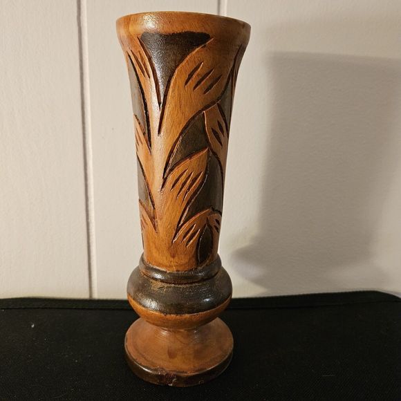 Vintage Hand Carved Wooden Vase Bohemian Mid-century Modern 8" Two-tone - Picture 12 of 16